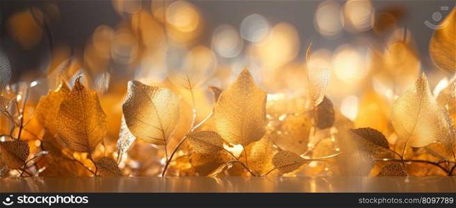 Golden autumn leaves. Thanksgiving backdrop with blurred bokeh foliage. Generative AI