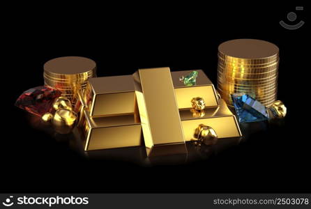Golden bars and coins with ruby, sapphire and diamond gems and gold nuggets isolated on black background with reflection