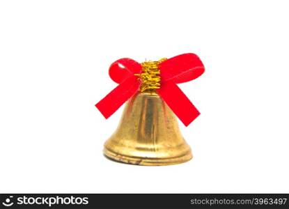 golden bell with red ribbon on white