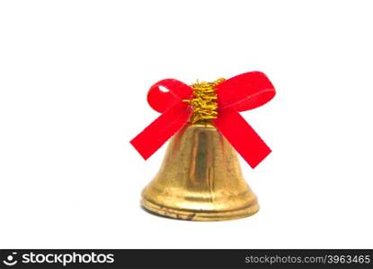 golden bell with red ribbon on white background