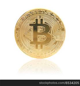 Golden bitcoin. Golden bitcoin with reflection isolated on white background