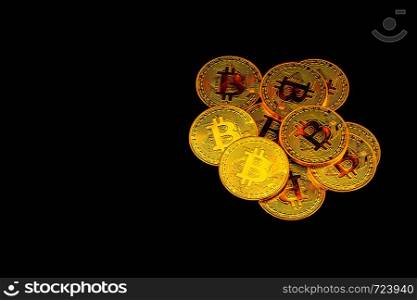 Golden bitcoin is currency digital money with crypto, coin with trade isolated on black background, business and finance concept.