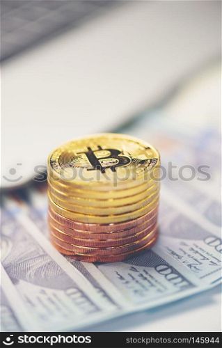 Golden bitcoin with dollar background. conceptual image for crypto currency.