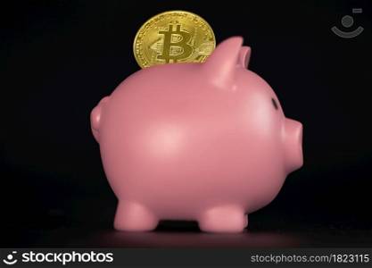 Golden Bitcoin with piggy bank. Cryptocurrency investment concept. virtual money. Cryptocurrency saving piggy bank financial banking concept on black background financial. Golden Bitcoin with piggy bank. Cryptocurrency investment concept. virtual money. Cryptocurrency saving piggy bank financial banking concept on black background