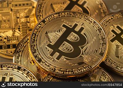 Golden bitcoins heap. conceptual image for crypto currency.