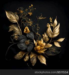 Golden black dried leaves and flowers. Generative AI design. Golden black dried leaves and flowers. Generative AI