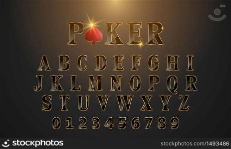 Golden black font pattern text poker Casino ?hips with Illustration. Set shapes composition. classic style golden logo poster Invitation. vector illustration