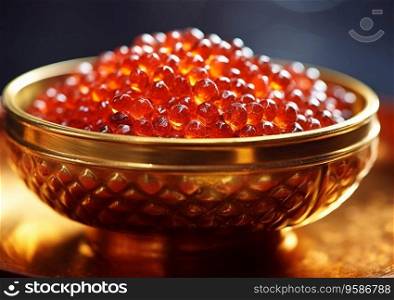 Golden bowl with fresh red salmon caviar.Ai Generative