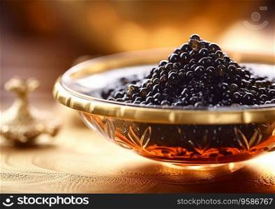 Golden bowl with luxury premium beluga black caviar.Ai Generative