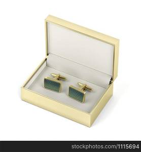 Golden box with cufflinks on white background