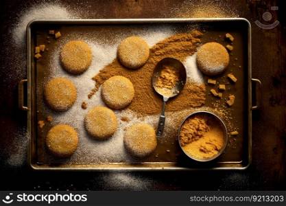 golden brown biscuits and crumbs on baking tray for homemade desserts, created with generative ai. golden brown biscuits and crumbs on baking tray for homemade desserts