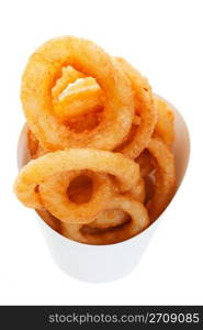Golden brown, deep fried onion rings in a generic takeout container. Shot on white background.
