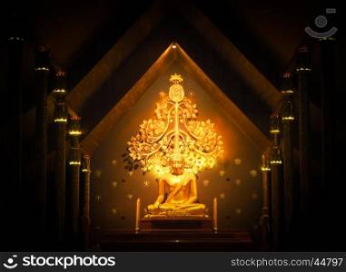 Golden Buddha in the night of dark frame, Focus on golden statue of center picture