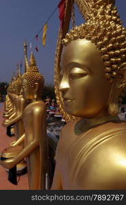 Golden Buddha near the city of Khorat in the Province of Nakhon Ratchasima in the Region of Isan in Northeast Thailand in Thailand.&#xA;