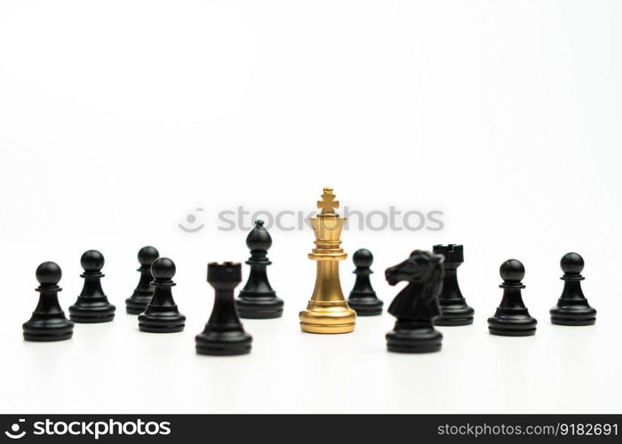 Golden Chess King standing to Be around of other chess, Concept of a leader must have courage and challenge in the competition, leadership and business vision for a win in business games