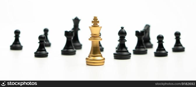 Golden Chess King standing to Be around of other chess, Concept of a leader must have courage and challenge in the competition, leadership and business vision for a win in business games