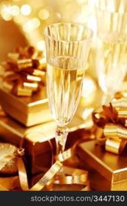 golden christmas background champagne gifts ball