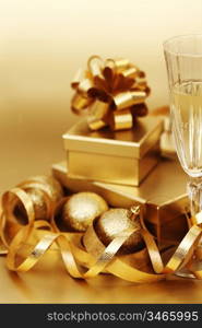 golden christmas background champagne gifts ball