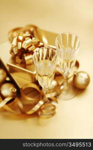 golden christmas background champagne gifts ball