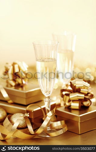 golden christmas background champagne gifts ball