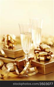 golden christmas background champagne gifts ball