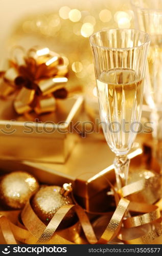 golden christmas background champagne gifts ball