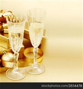 golden christmas background champagne gifts ball