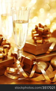 golden christmas background champagne gifts ball