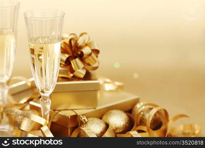 golden christmas background champagne gifts ball