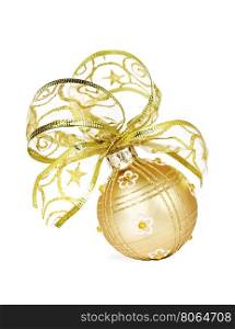 Golden Christmas ball with a beautiful bow on the white background