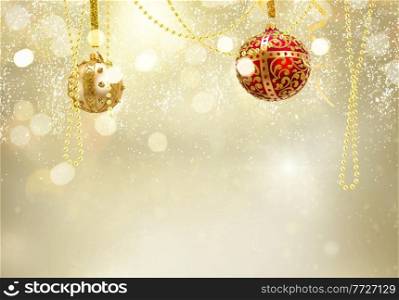 Golden christmas balls garland on glowing golden background with copy space. Golden christmas balls