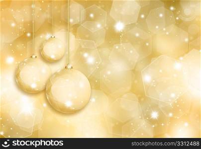 Golden Christmas baubles on a glittery gold background