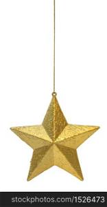 Golden Christmas decoration star hanging isolated on white background. Golden star hanging