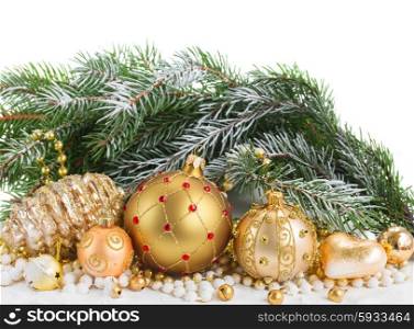 golden christmas decorations with evergreen tree border isolated on white background. golden christmas decorations