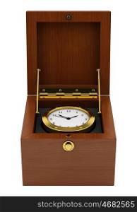 golden clock in wooden box isolated on white background. 3d illustration