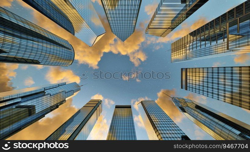 Golden clouds on blue starry sky passing over skyscrapers business buildings in the morning or evening.