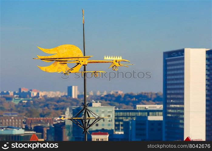 Golden Cockerel weather vane and modern office buildings skyscrapers in the background in Tallinn in the day, Estonia