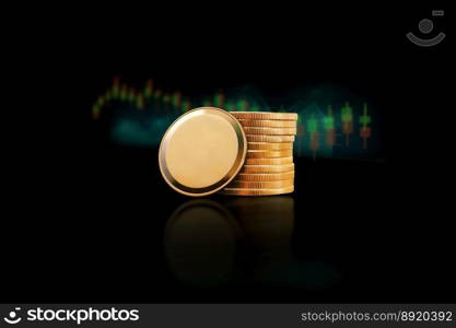 Golden coin stack with stock market graph on black background, Business and finance concept.