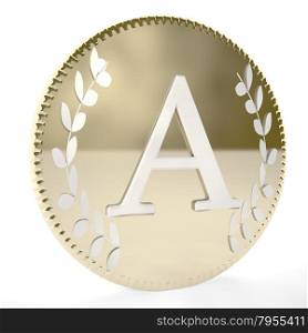 Golden coin with A letter and laurel leaves, white background, 3d render, square image