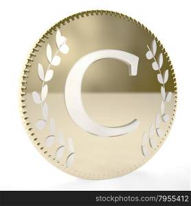Golden coin with C letter and laurel leaves, white background, 3d render, square image