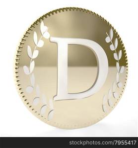Golden coin with D letter and laurel leaves, white background, 3d render, square image
