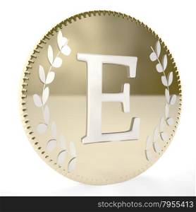 Golden coin with E letter and laurel leaves, white background, 3d render, square image