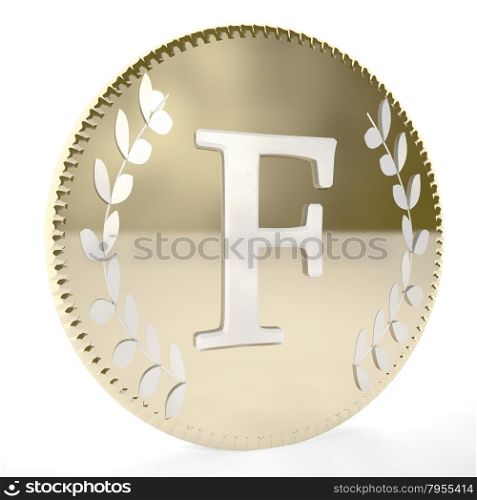 Golden coin with F letter and laurel leaves, white background, 3d render, square image