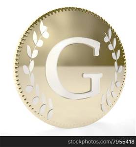 Golden coin with G letter and laurel leaves, white background, 3d render, square image