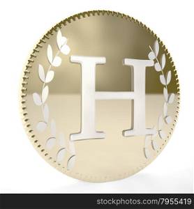 Golden coin with H letter and laurel leaves, white background, 3d render, square image