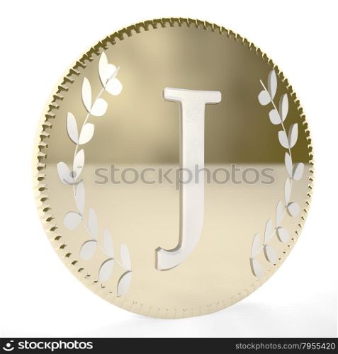 Golden coin with J letter and laurel leaves, white background, 3d render, square image