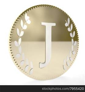 Golden coin with J letter and laurel leaves, white background, 3d render, square image