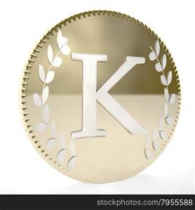 Golden coin with K letter and laurel leaves, white background, 3d render, square image