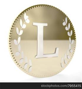 Golden coin with L letter and laurel leaves, white background, 3d render, square image