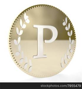 Golden coin with P letter and laurel leaves, white background, 3d render, square image
